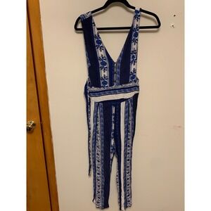 Free People Blue White Floral Wide Leg Jumpsuit Romper Boho Festival Size 4